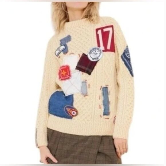 Free People Riley 1880 VINTAGE PATCHED UP SWEATER Patchwork Wool size L - Picture 1 of 13